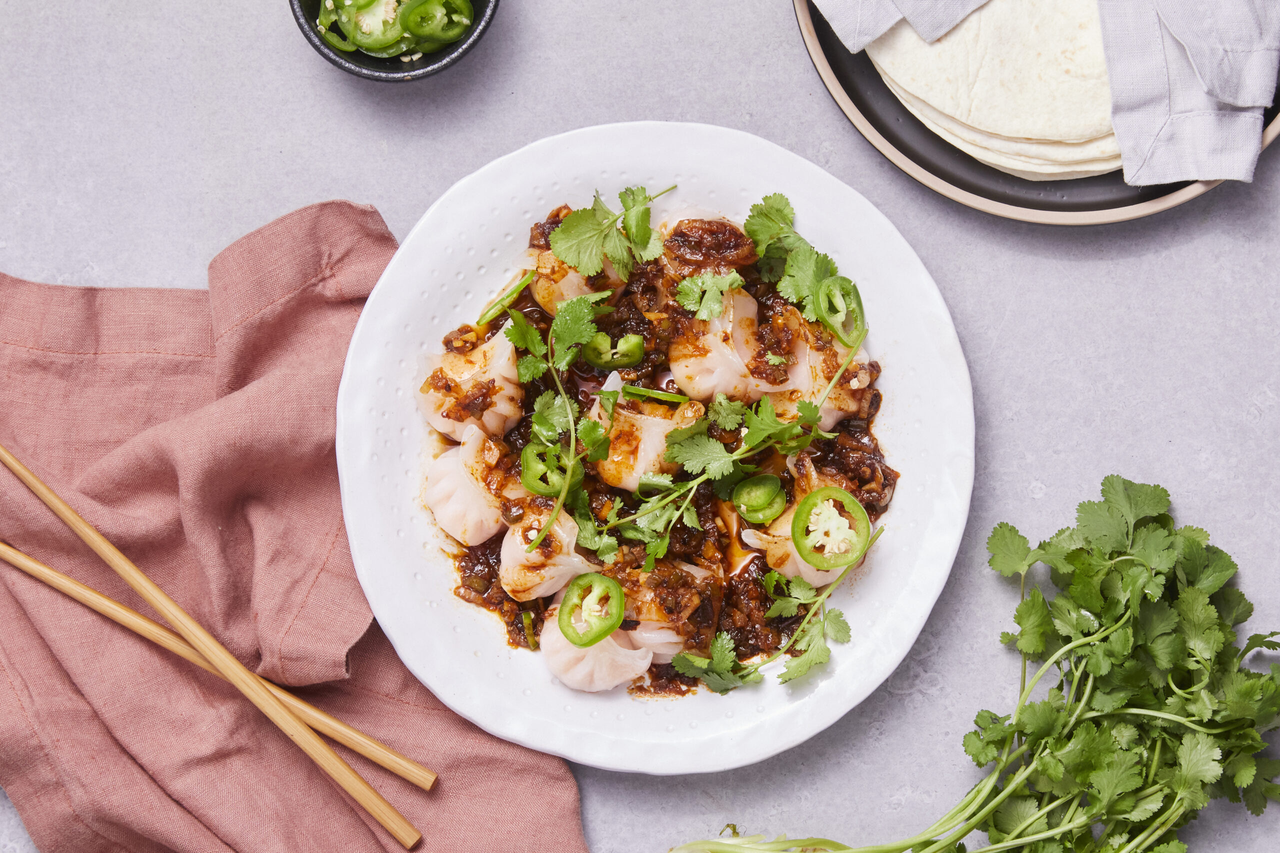 Steamed Dumplings with a Mexican Chilli and Cumin Sauce