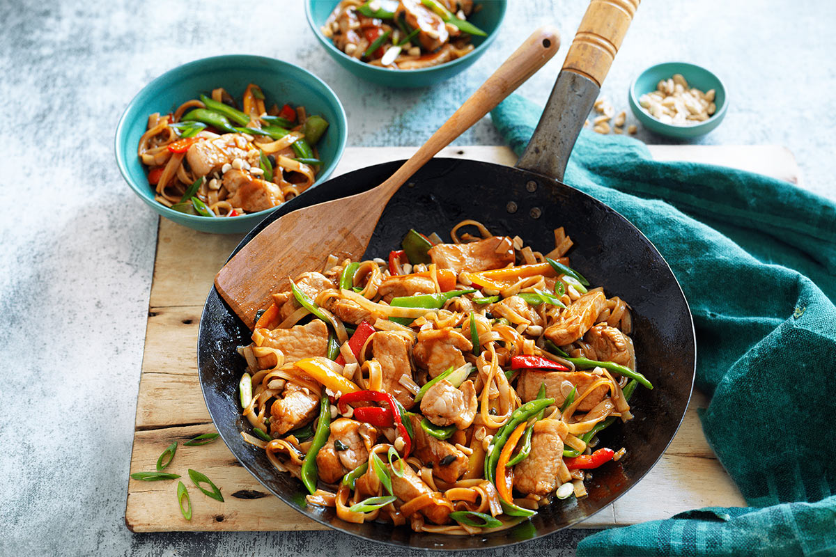 A wok full of Hoisin pork, veggie & noodle stir-fry