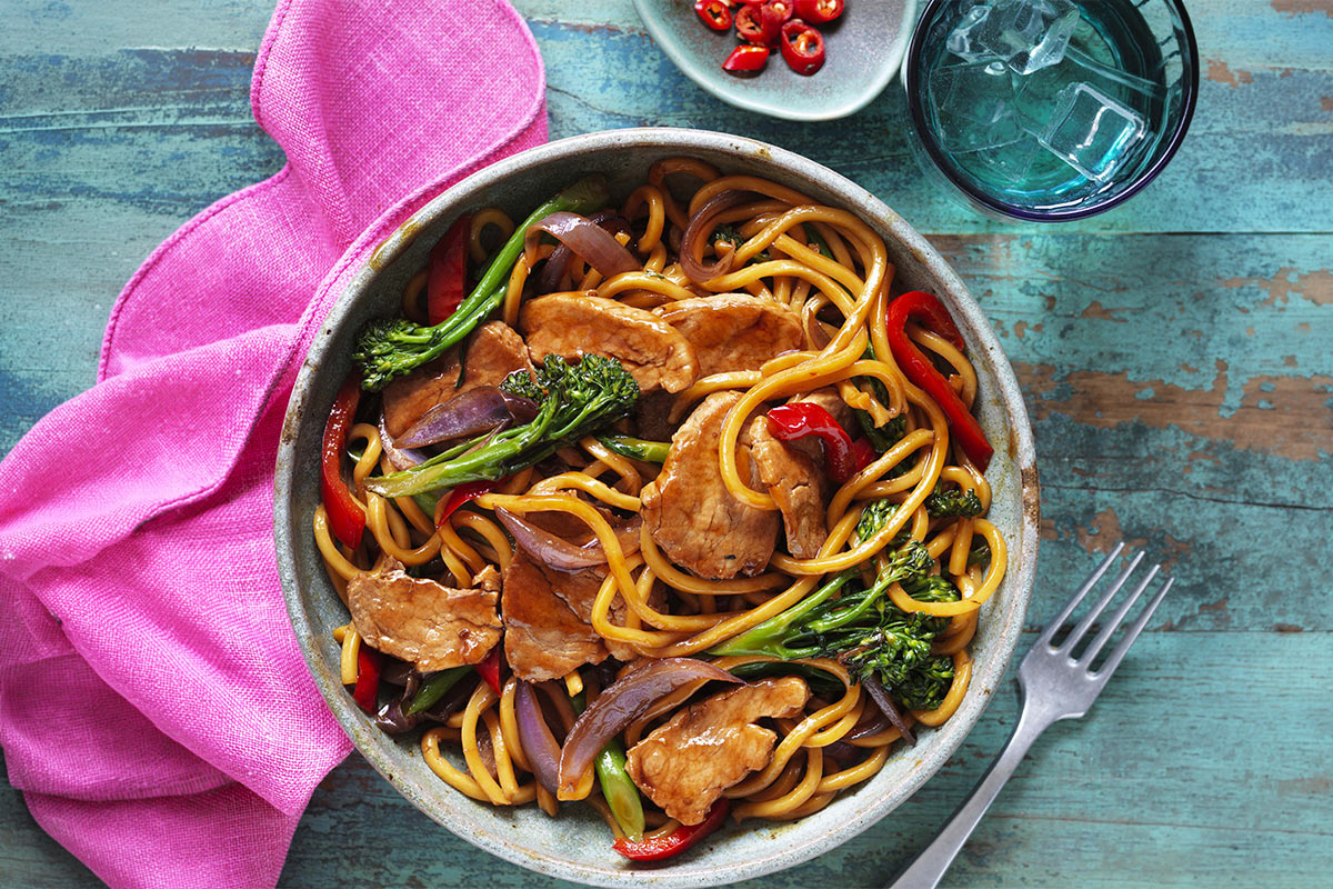 A bowl of Teriyaki Pork & Noodle Stir-Fry